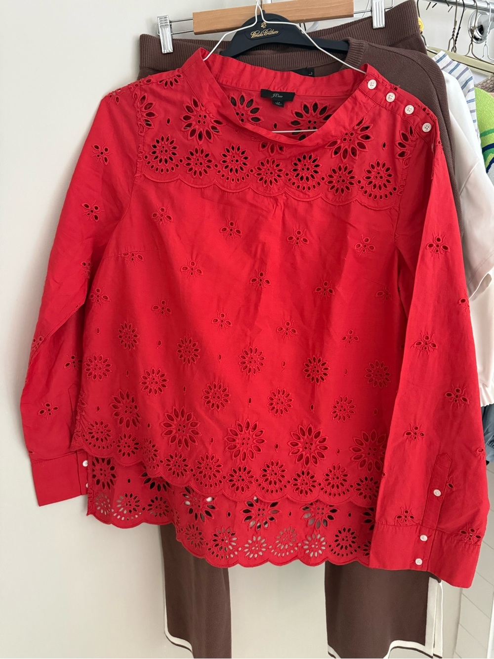 J. Crew Red Eyelet Long-Sleeve Cotton Blouse -